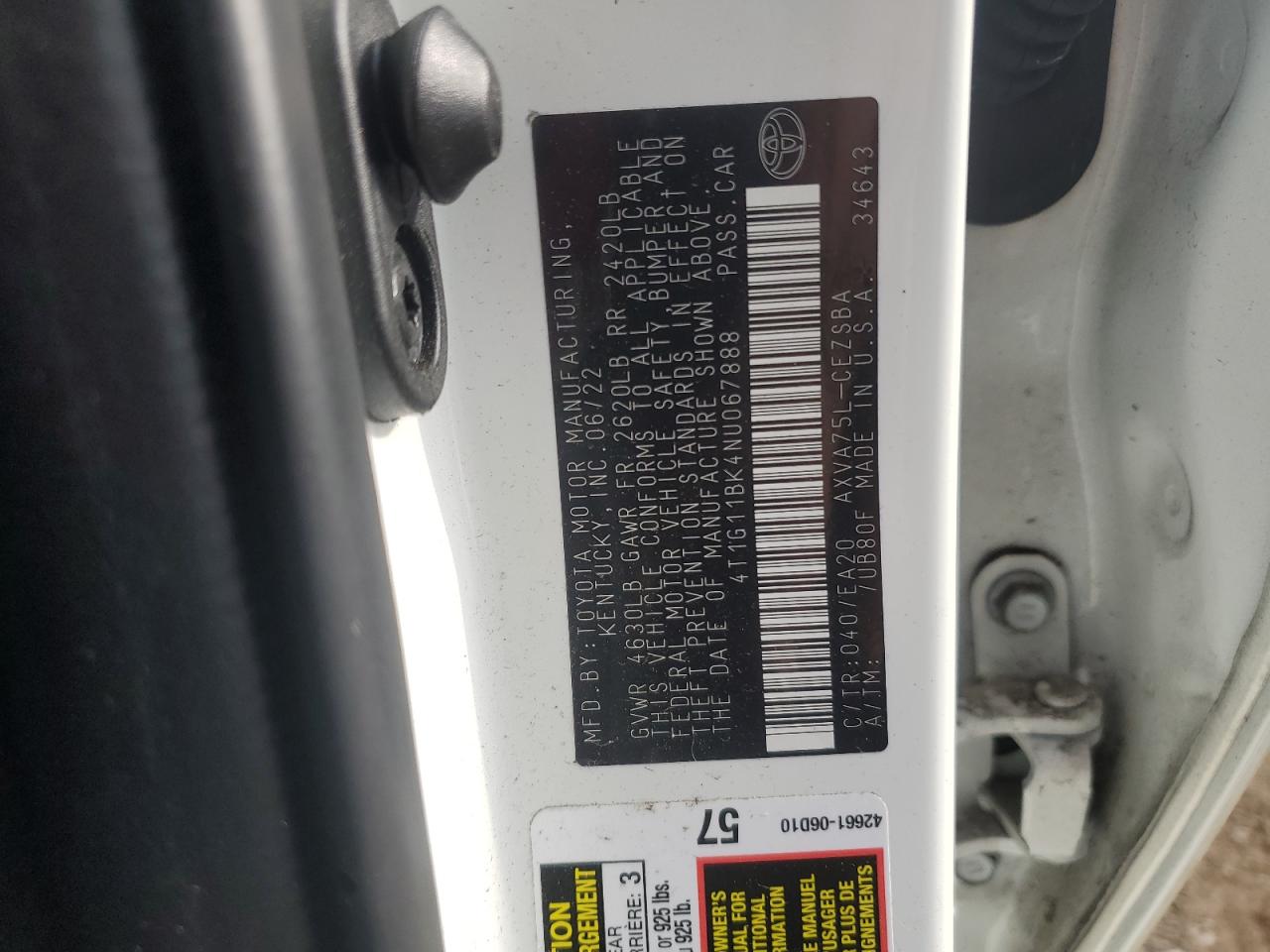 2022 TOYOTA CAMRY SE VIN:4T1G11BK4NU067888