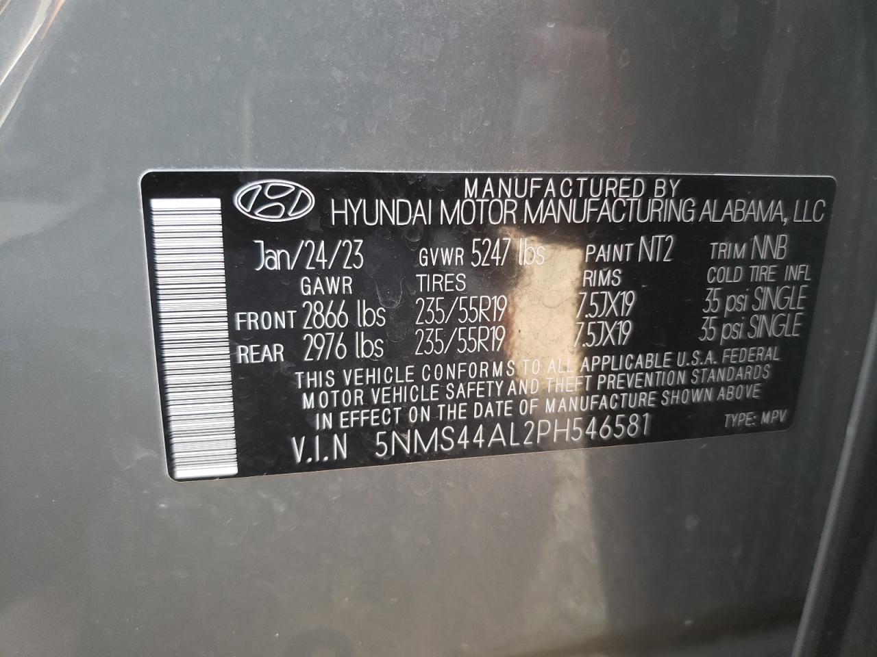 2023 HYUNDAI SANTA FE LIMITED VIN:5NMS44AL2PH546581