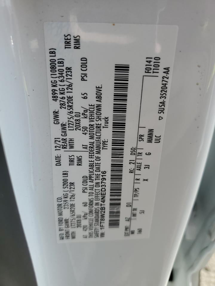 2022 FORD F250 SUPER DUTY VIN:1FT8W2BT4NED37916