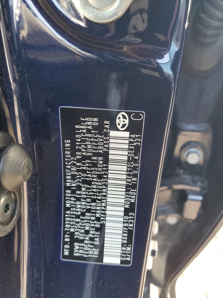 2022 TOYOTA COROLLA LE VIN:5YFEPMAE9NP354311