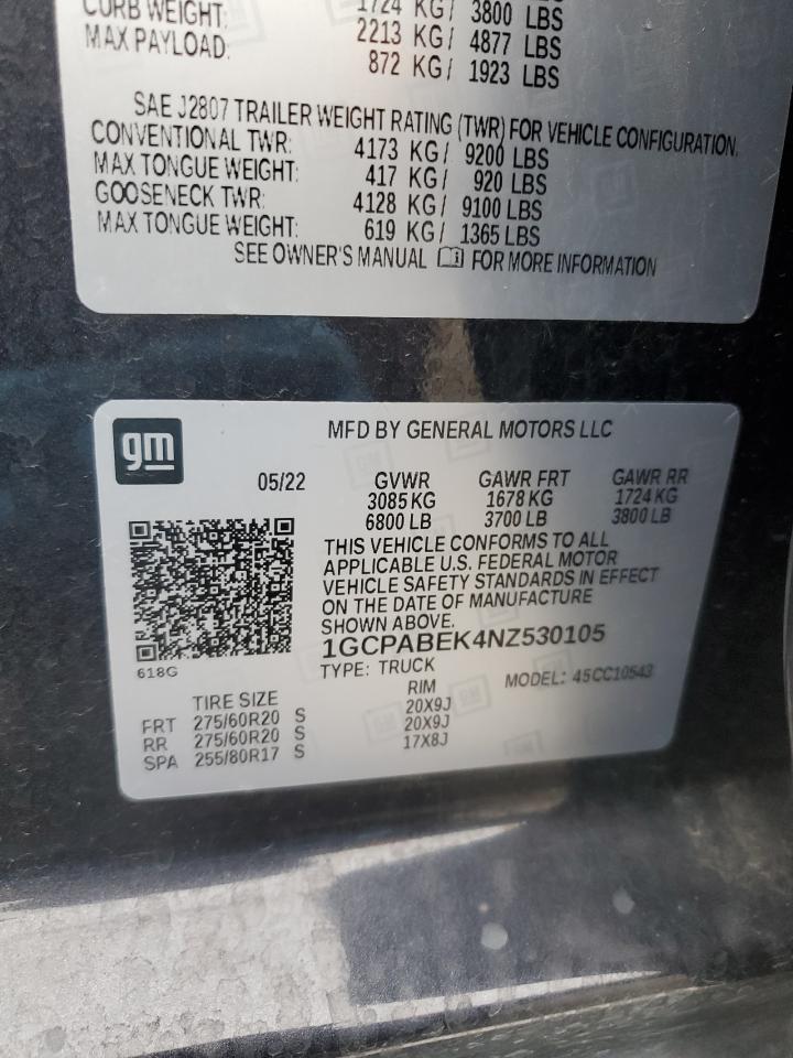 2022 CHEVROLET SILVERADO C1500 CUSTOM VIN:1GCPABEK4NZ530105