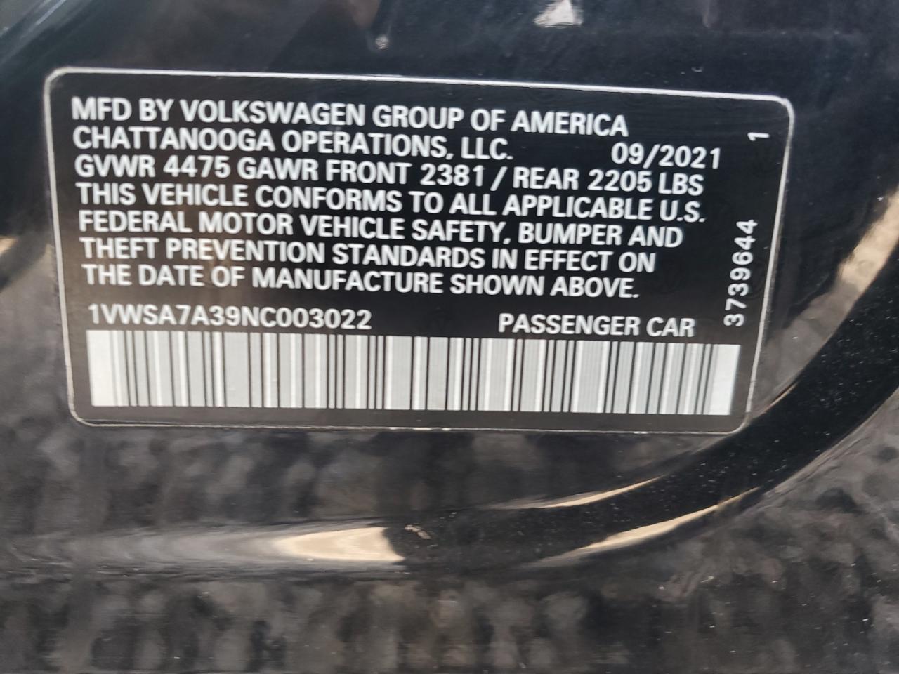 2022 VOLKSWAGEN PASSAT SE VIN:1VWSA7A39NC003022
