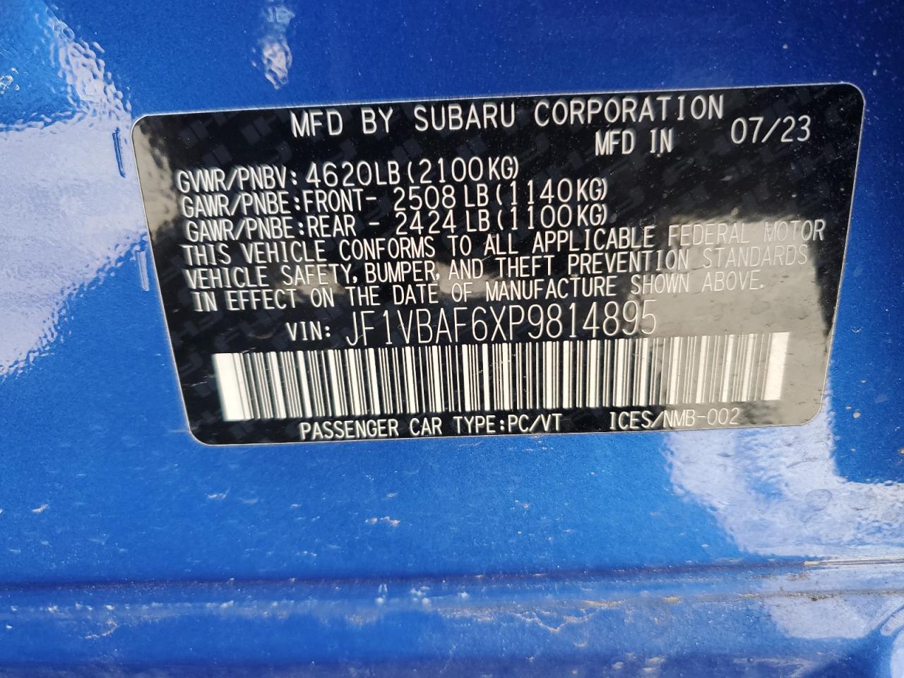 2023 SUBARU WRX PREMIUM VIN:JF1VBAF6XP9814895