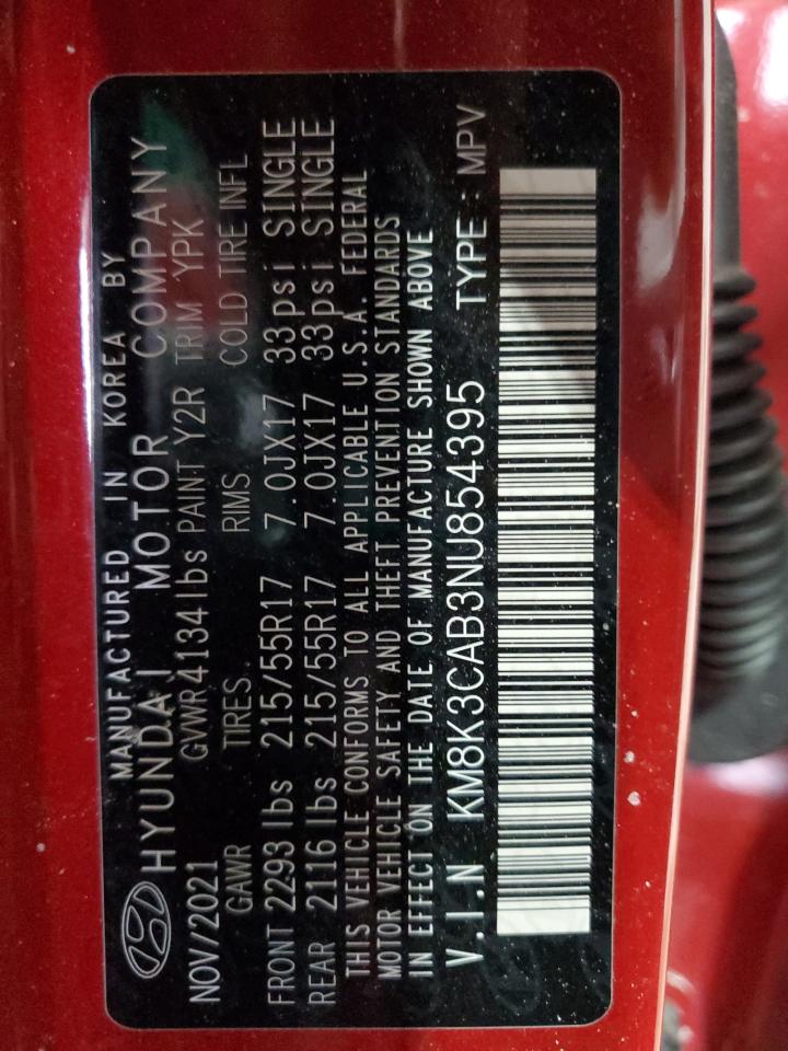 2022 HYUNDAI KONA SEL VIN:KM8K3CAB3NU854395