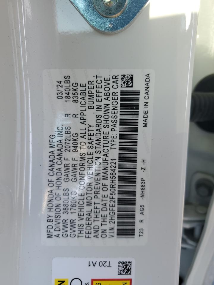 2024 HONDA CIVIC SPORT VIN:2HGFE2F50RH564221
