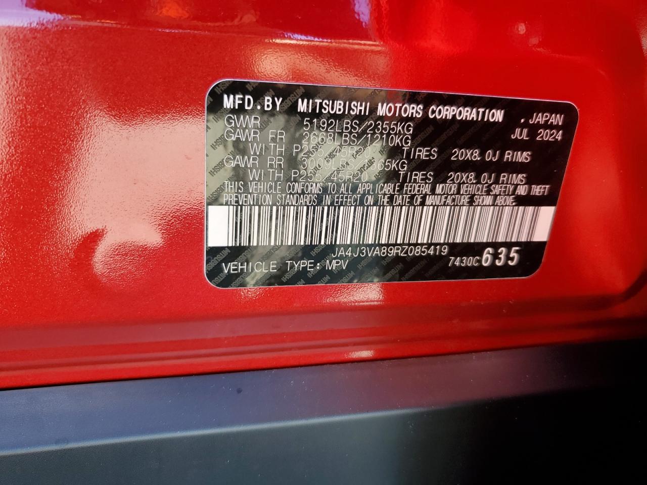 2024 MITSUBISHI OUTLANDER SE VIN:JA4J3VA89RZ085419