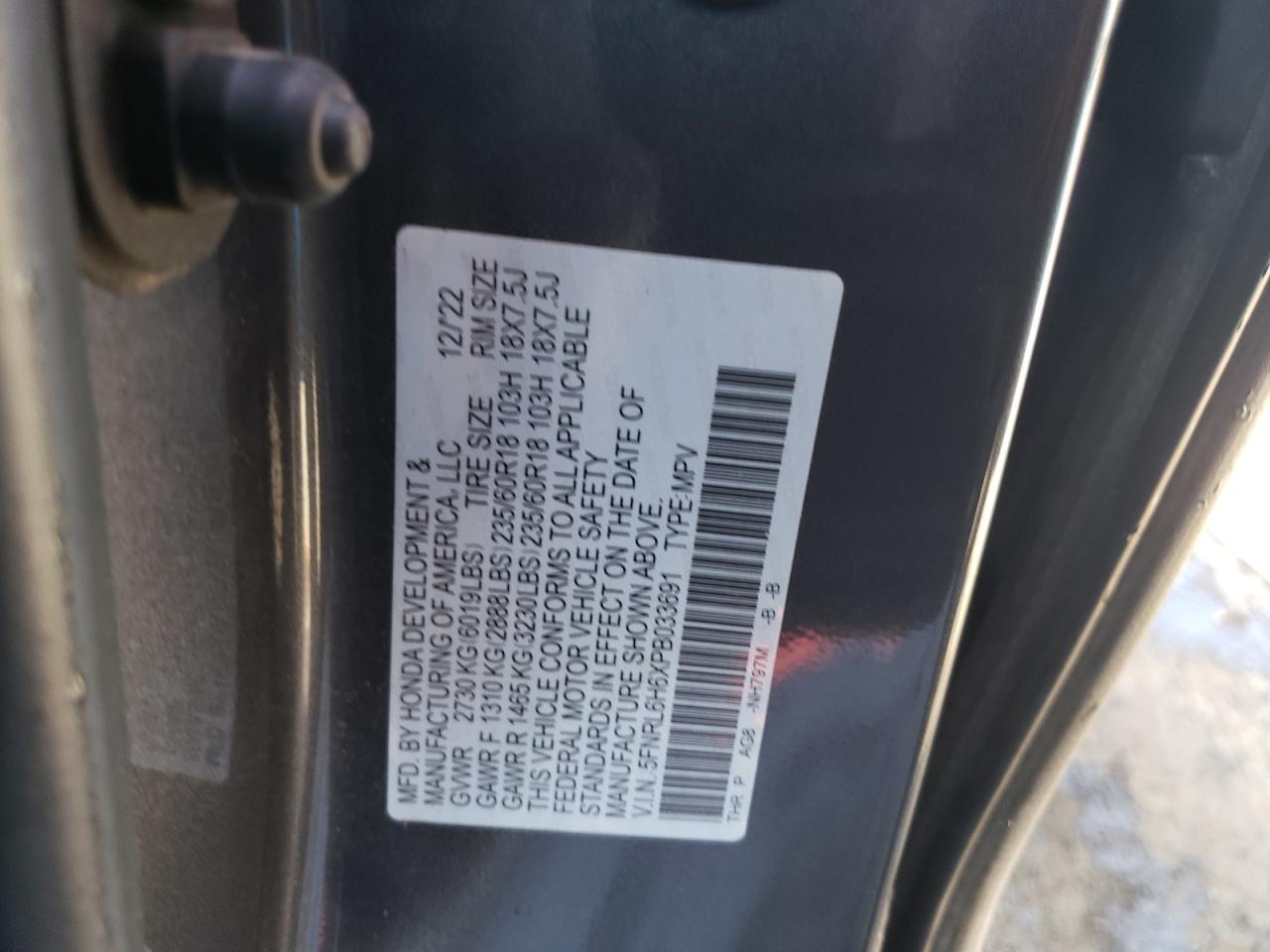 2023 HONDA ODYSSEY EXL VIN:5FNRL6H6XPB033691