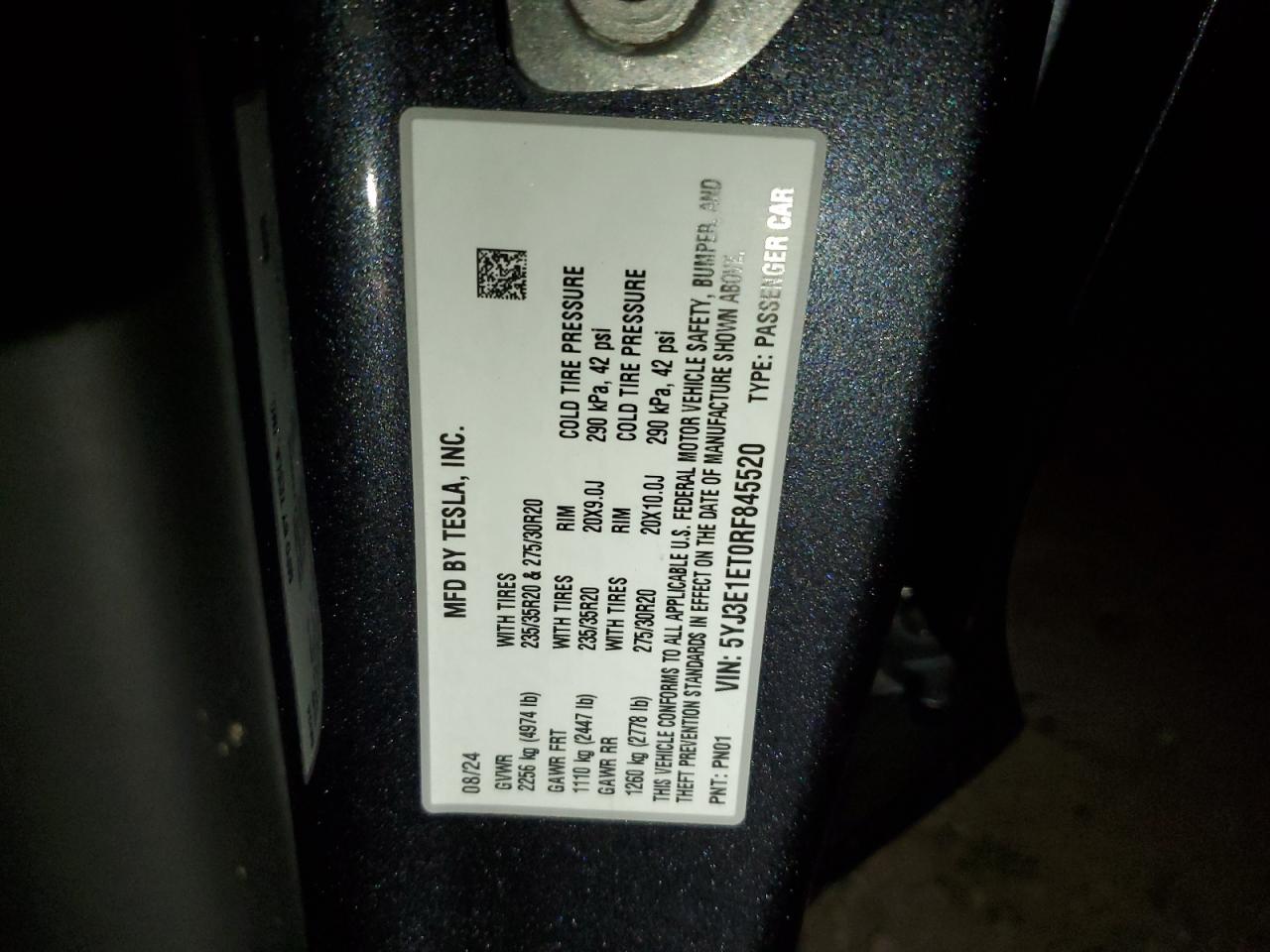 2024 TESLA MODEL 3  VIN:5YJ3E1ET0RF845520
