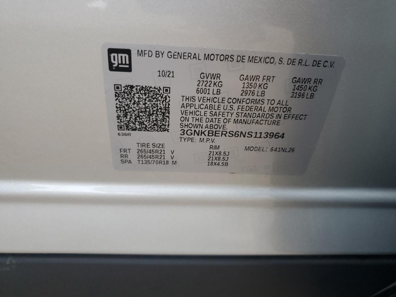 2022 CHEVROLET BLAZER RS VIN:3GNKBERS6NS113964