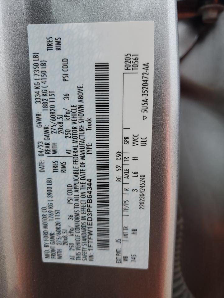 2023 FORD F150 SUPERCREW VIN:1FTFW1ED3PFB64344