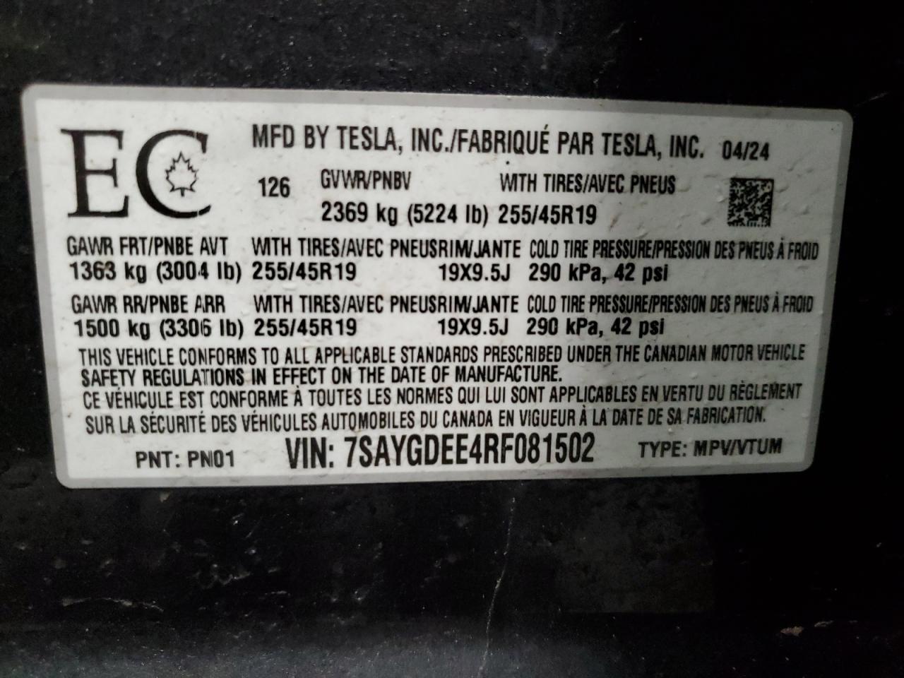 2024 TESLA MODEL Y  VIN:7SAYGDEE4RF081502