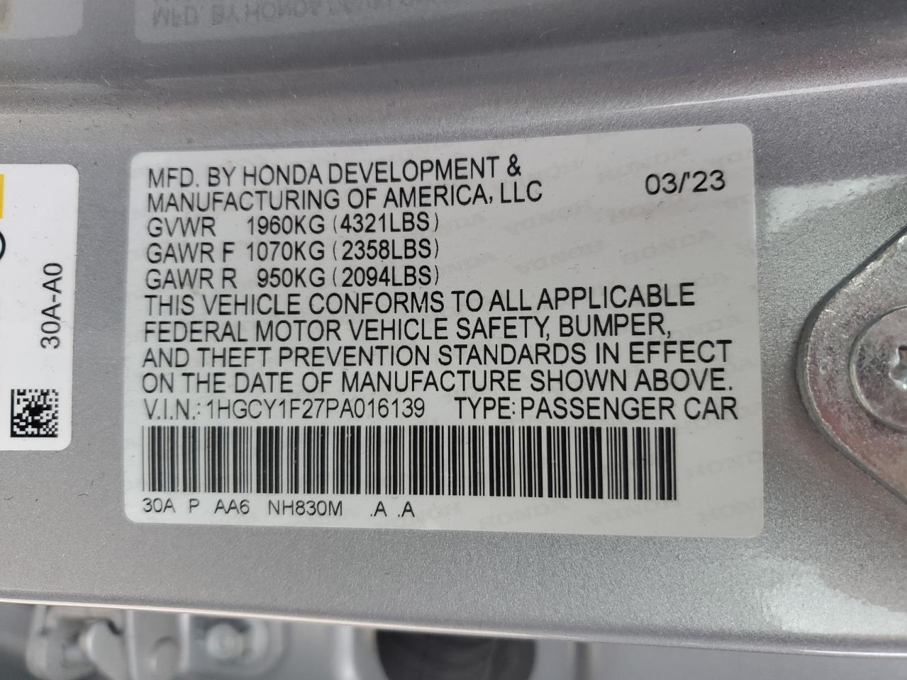 2023 HONDA ACCORD LX VIN:1HGCY1F27PA016139
