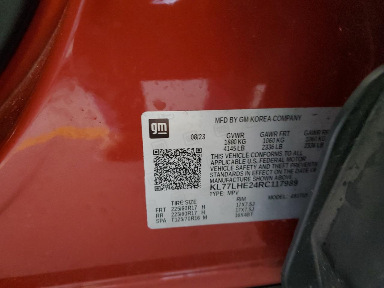 2024 CHEVROLET TRAX 1LT VIN:KL77LHE24RC117989