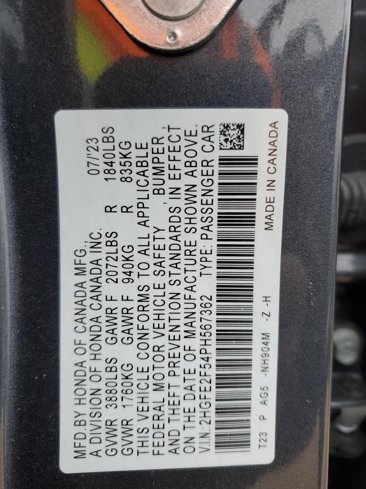 2023 HONDA CIVIC SPORT VIN:2HGFE2F54PH567362