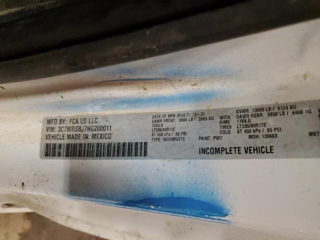 2022 RAM 3500  VIN:3C7WRSBJ7NG200011