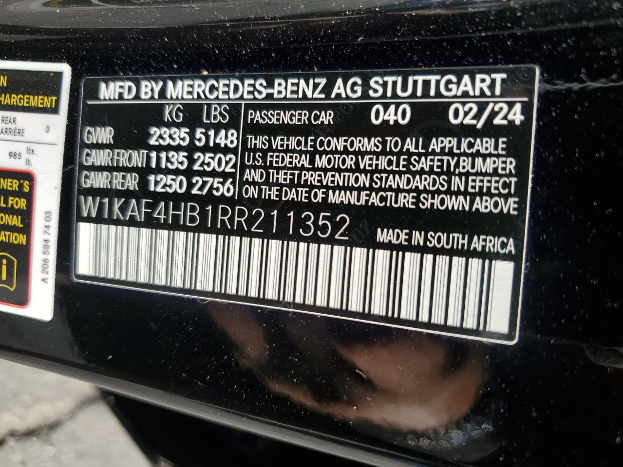 2024 MERCEDES-BENZ C 300 4MATIC VIN:W1KAF4HB1RR211352