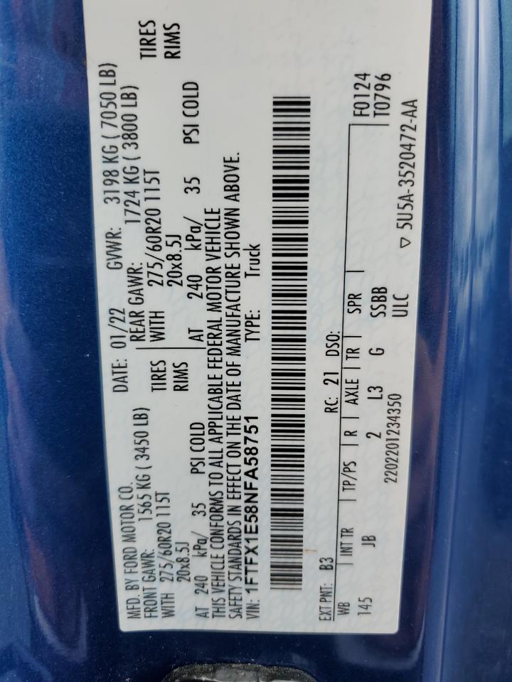 2022 FORD F150 SUPER CAB VIN:1FTFX1E58NFA58751
