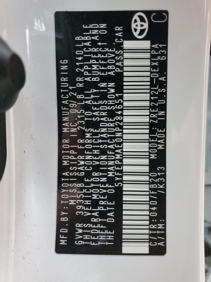 2022 TOYOTA COROLLA LE VIN:5YFEPMAE0NP284651