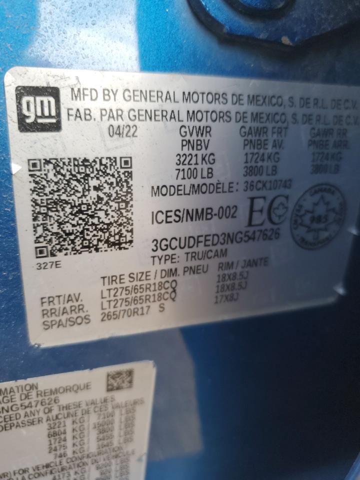 2022 CHEVROLET SILVERADO K1500 LT TRAIL BOSS VIN:3GCUDFED3NG547626