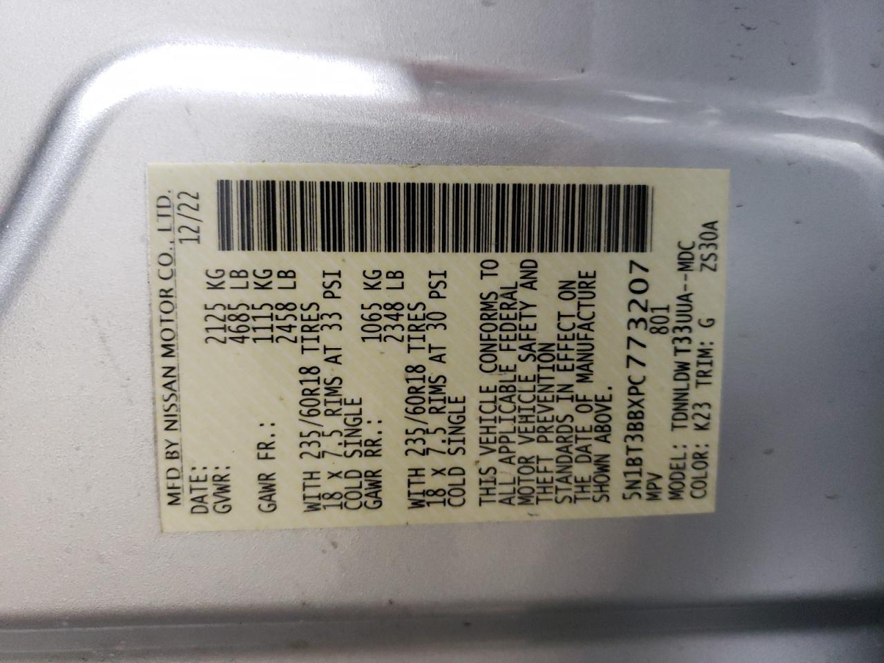 2023 NISSAN ROGUE SV VIN:5N1BT3BBXPC773207