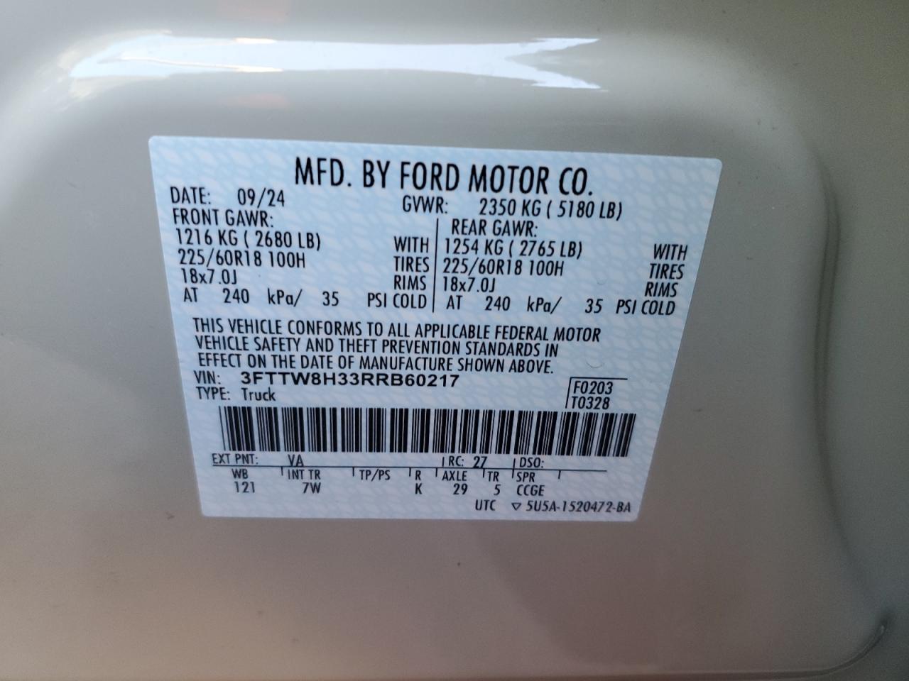 2024 FORD MAVERICK XLT VIN:3FTTW8H33RRB60217