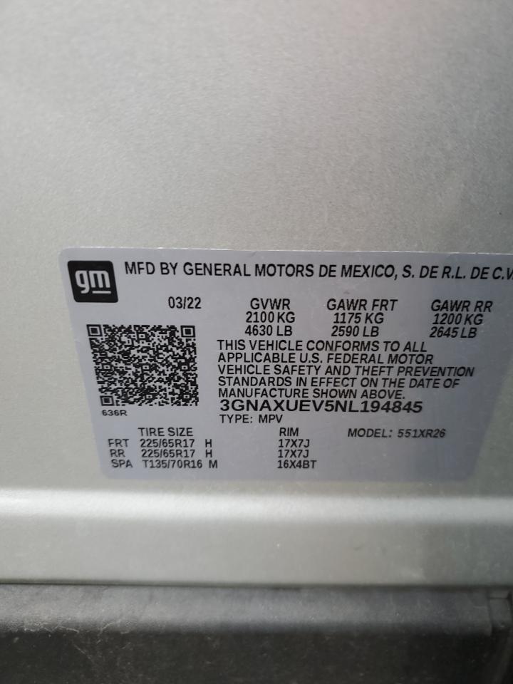 2022 CHEVROLET EQUINOX LT VIN:3GNAXUEV5NL194845