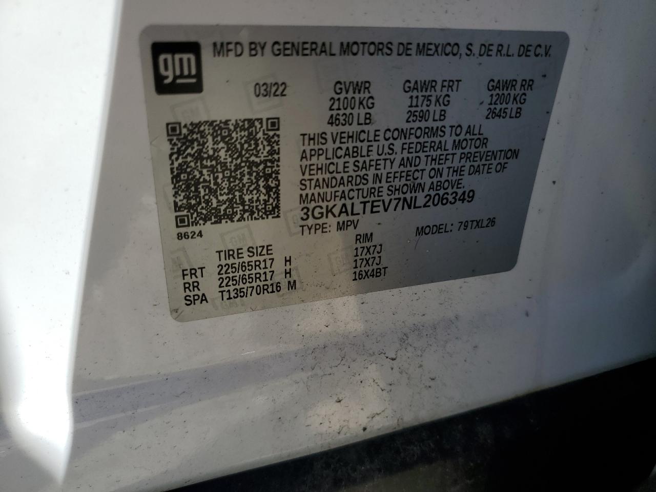 2022 GMC TERRAIN SLE VIN:3GKALTEV7NL206349