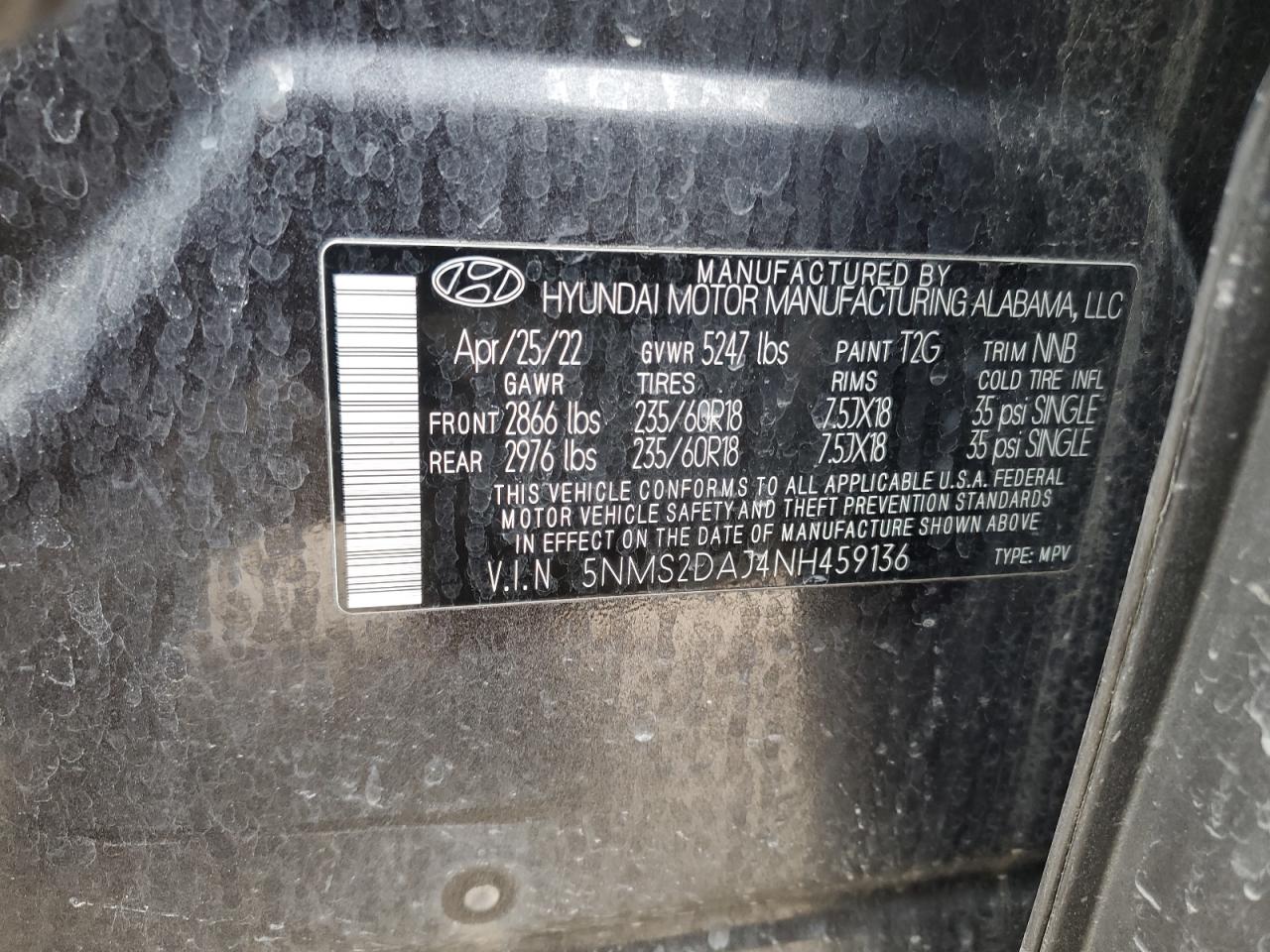 2022 HYUNDAI SANTA FE SEL VIN:5NMS2DAJ4NH459136