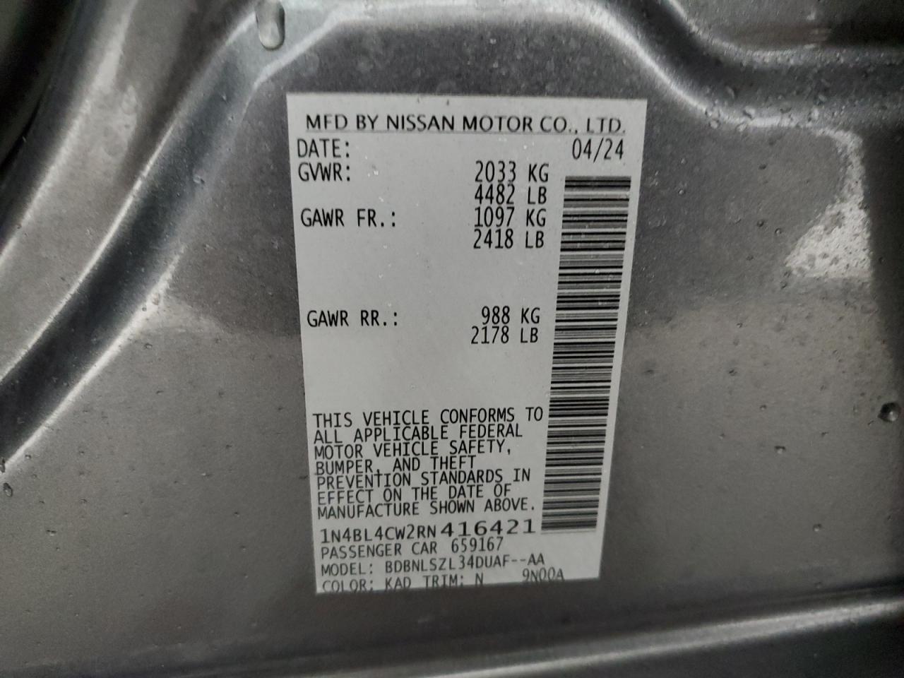 2024 NISSAN ALTIMA SR VIN:1N4BL4CW2RN416421