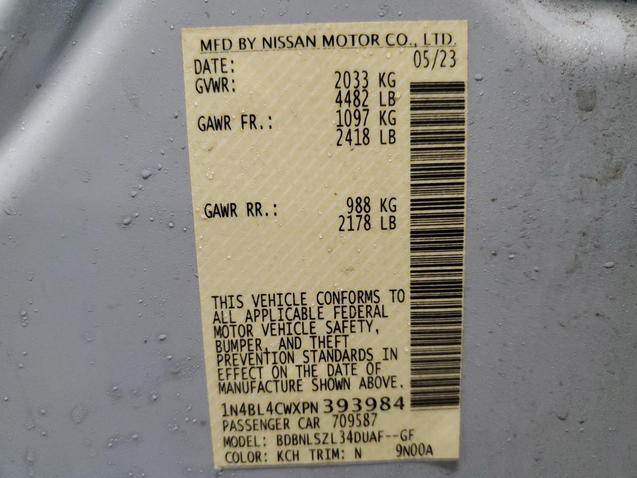2023 NISSAN ALTIMA SR VIN:1N4BL4CWXPN393984