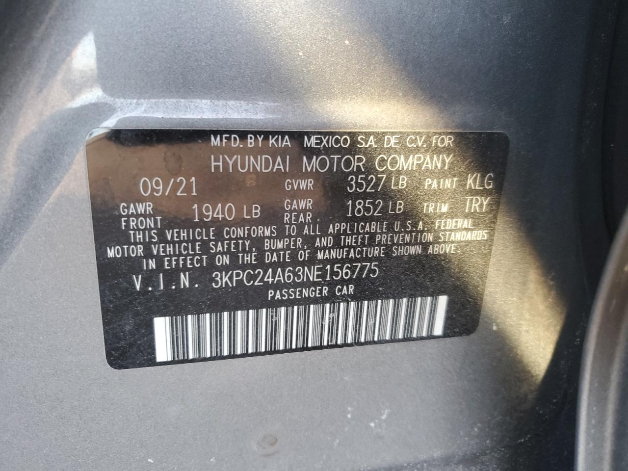 2022 HYUNDAI ACCENT SE VIN:3KPC24A63NE156775