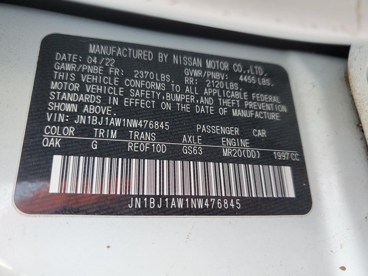 2022 NISSAN ROGUE SPORT S VIN:JN1BJ1AW1NW476845