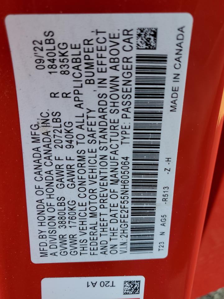 2022 HONDA CIVIC SPORT VIN:2HGFE2F55NH605064