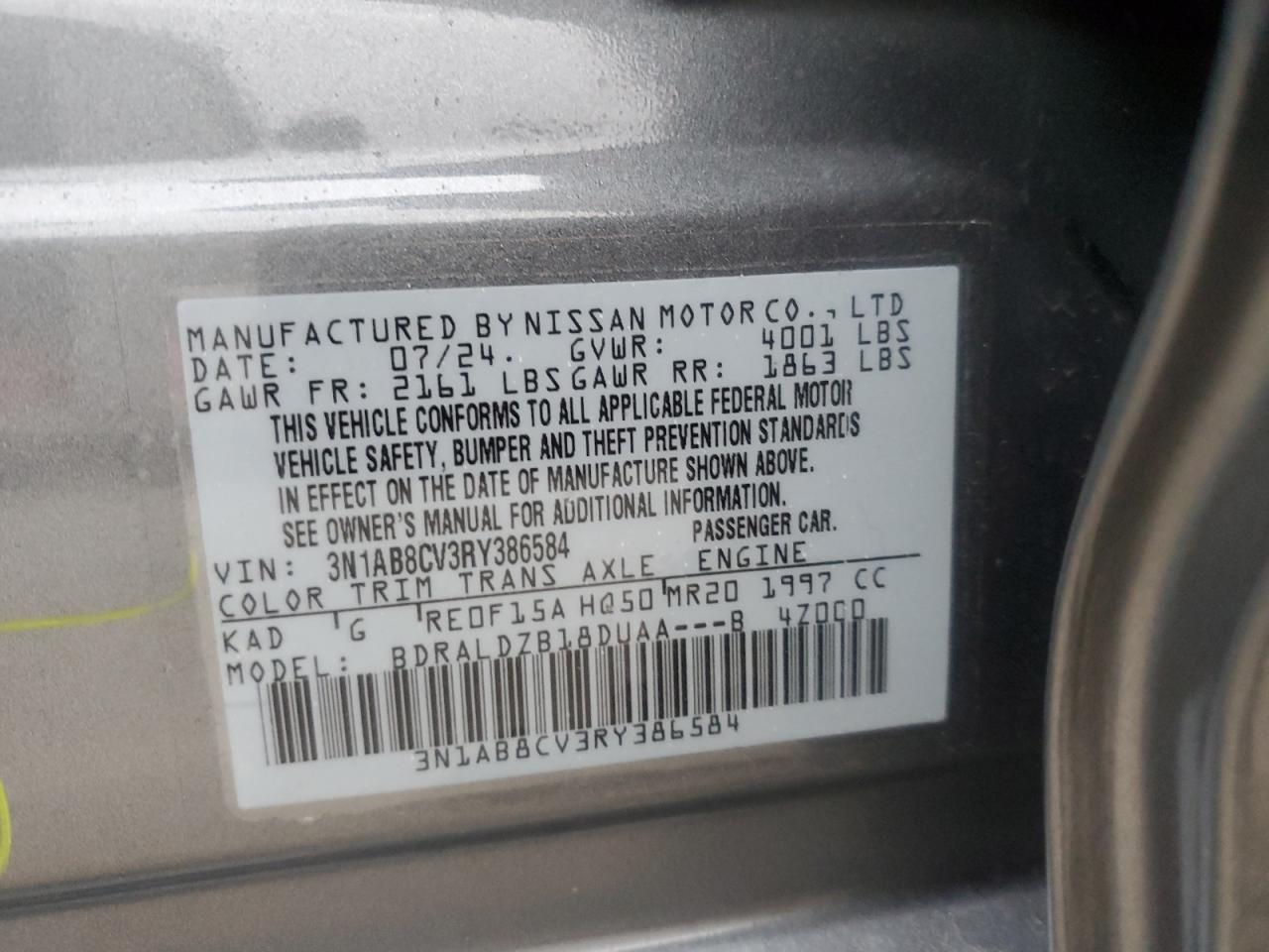 2024 NISSAN SENTRA SV VIN:3N1AB8CV3RY386584