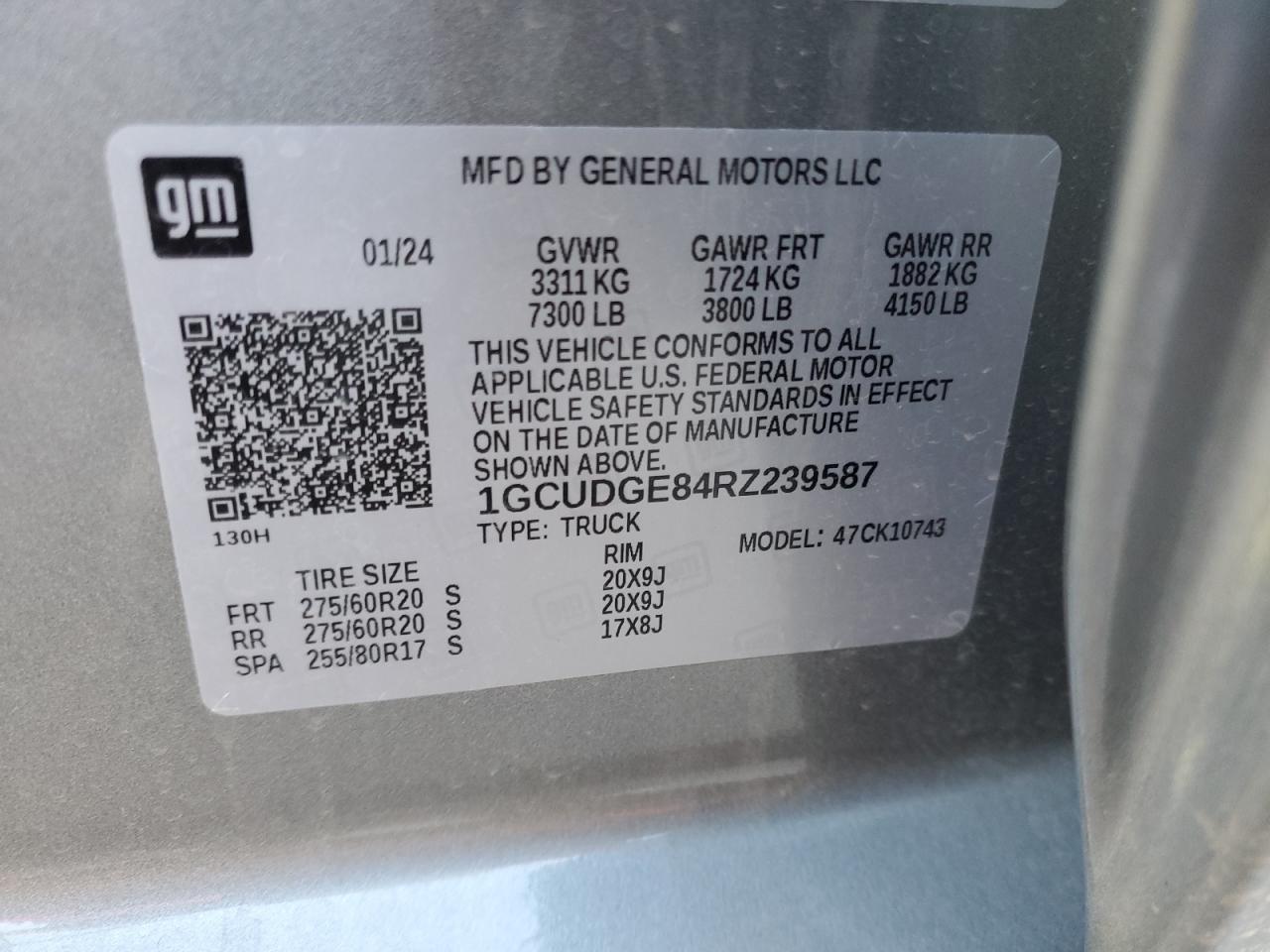 2024 CHEVROLET SILVERADO K1500 LTZ VIN:1GCUDGE84RZ239587