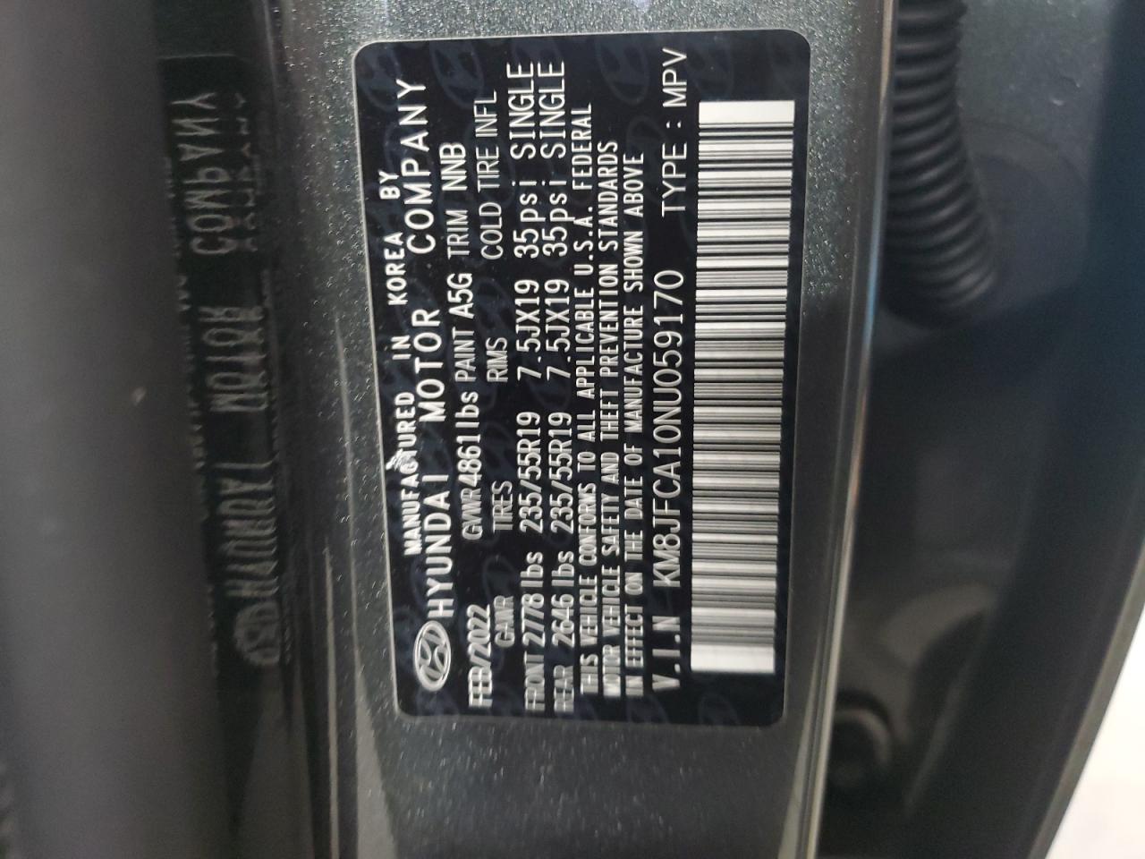 2022 HYUNDAI TUCSON SEL CONVENIENCE VIN:KM8JFCA10NU059170