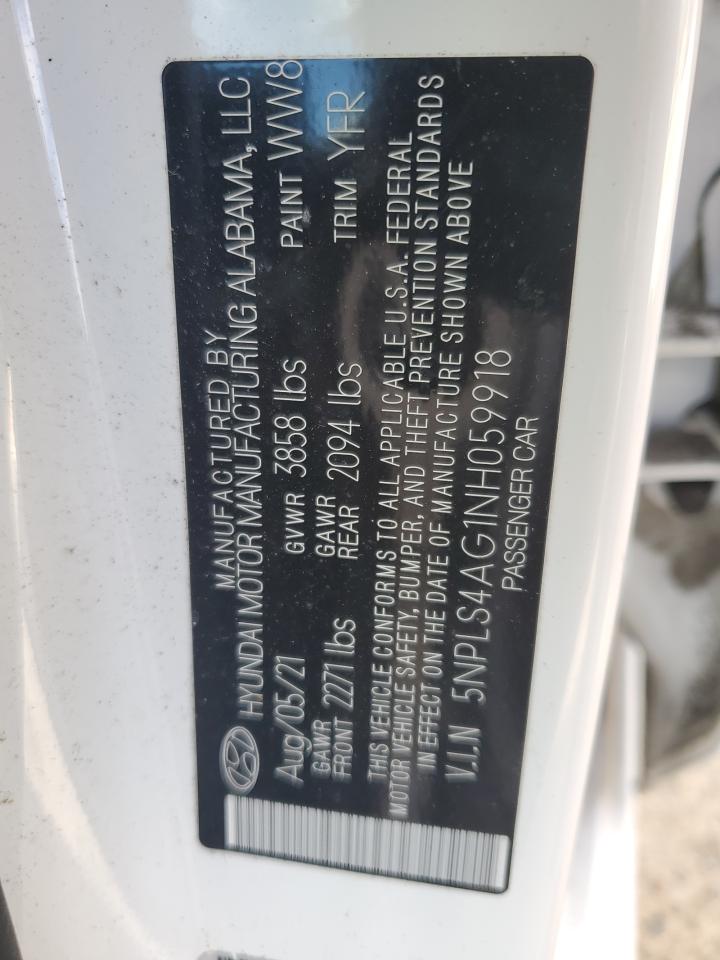 2022 HYUNDAI ELANTRA SEL VIN:5NPLS4AG1NH059918
