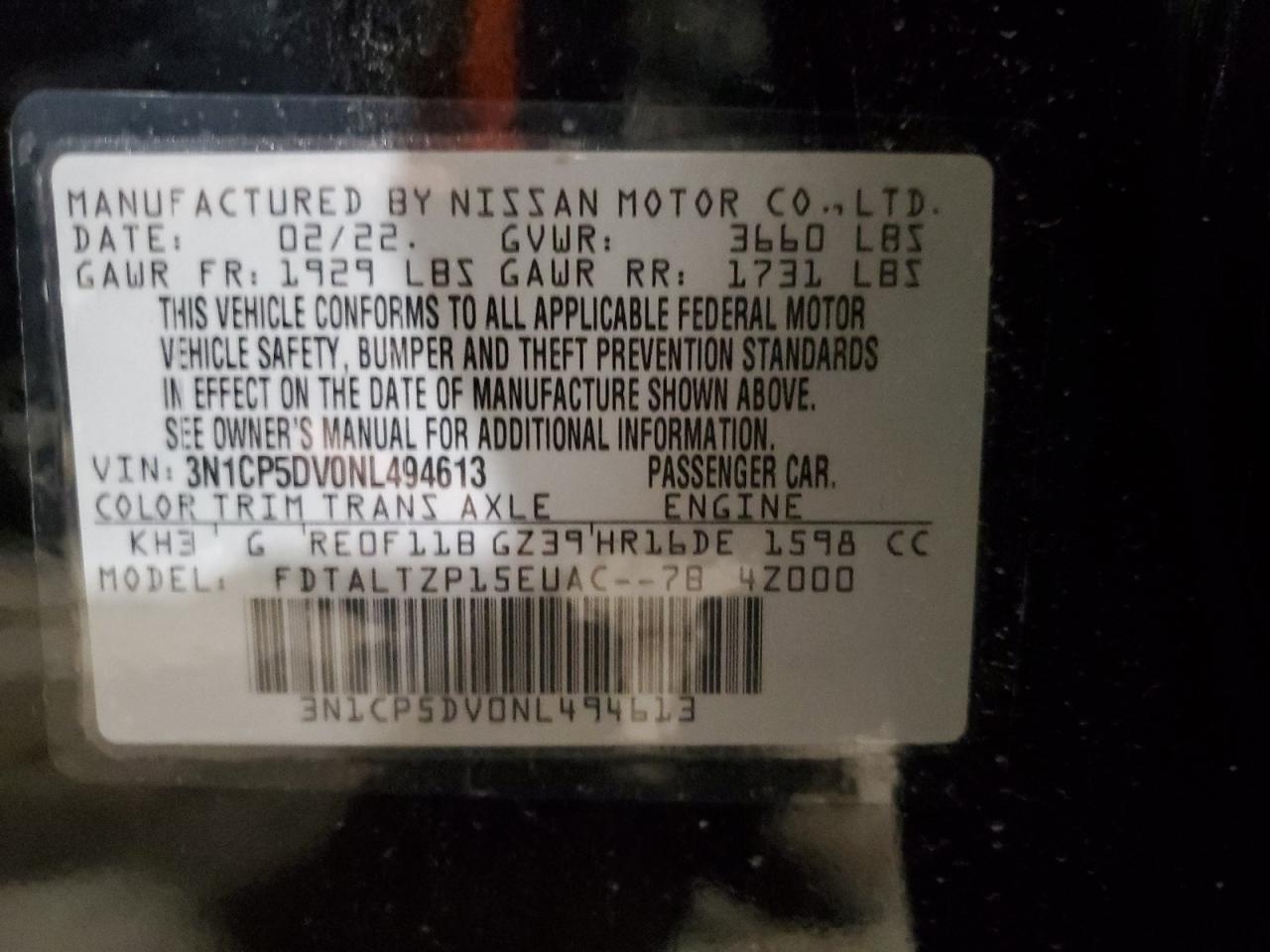 2022 NISSAN KICKS SR VIN:3N1CP5DV0NL494613