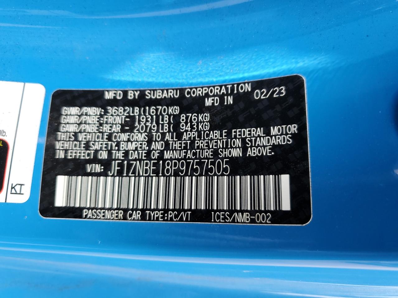 2023 TOYOTA GR 86 PREMIUM VIN:JF1ZNBE18P9757505