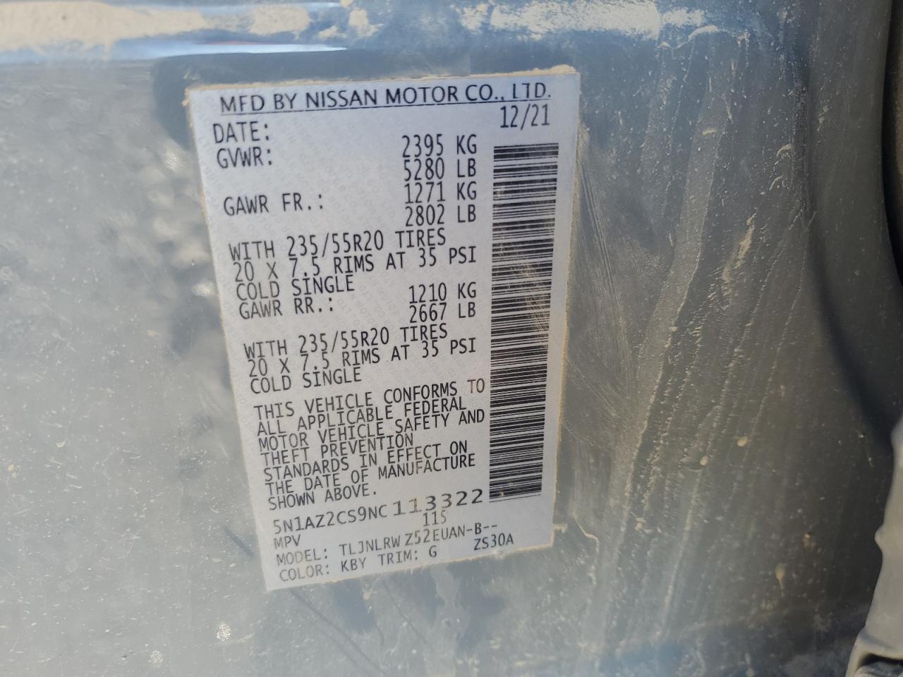 2022 NISSAN MURANO SL VIN:5N1AZ2CS9NC113322