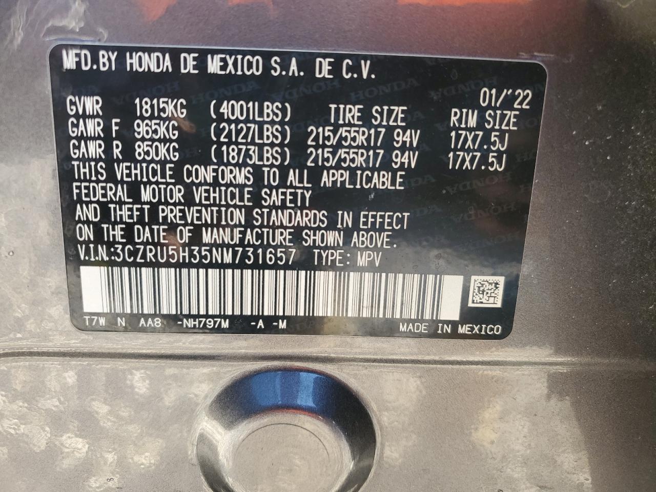 2022 HONDA HR-V LX VIN:3CZRU5H35NM731657