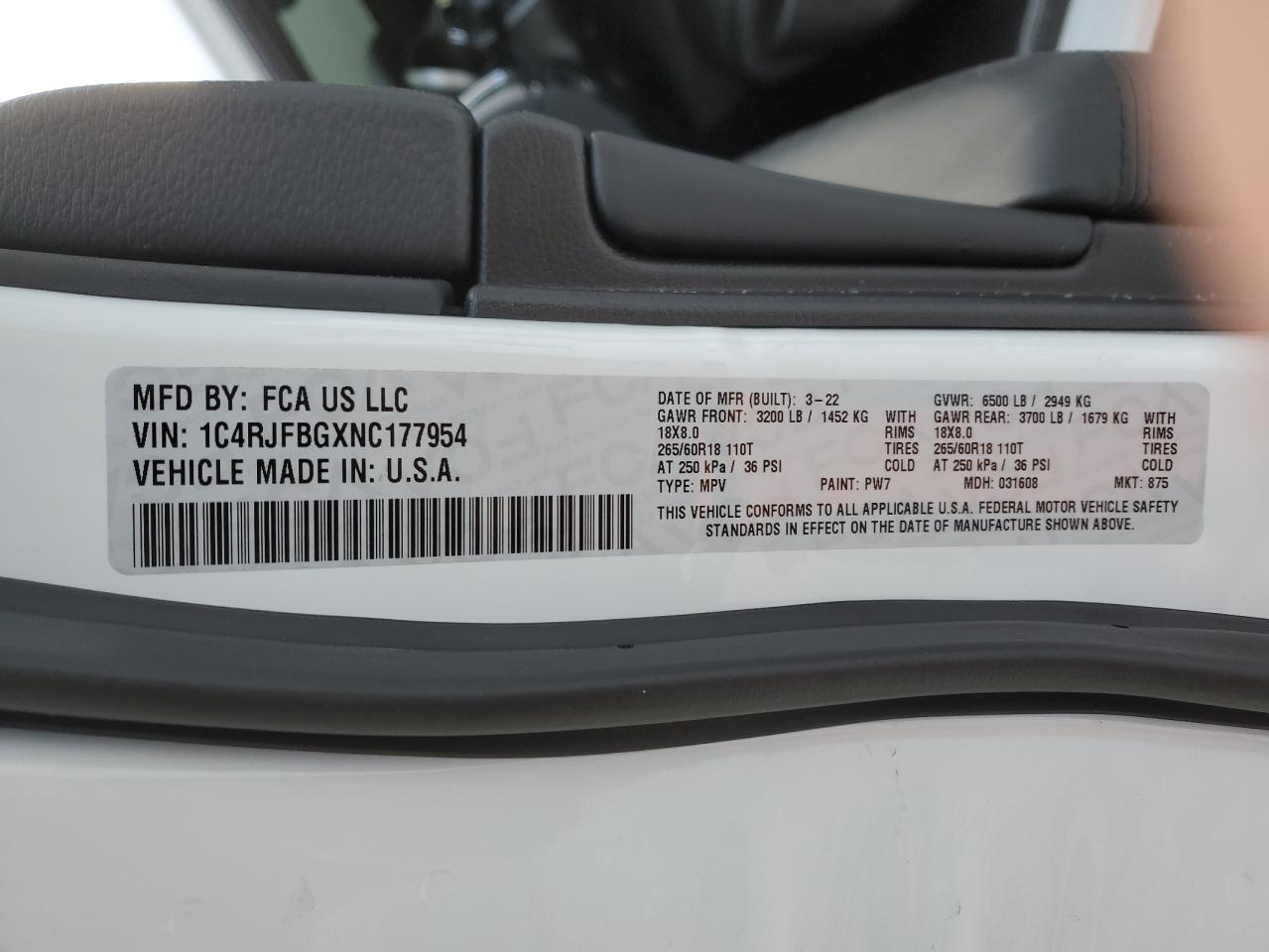 2022 JEEP GRAND CHEROKEE LIMITED VIN:1C4RJFBGXNC177954