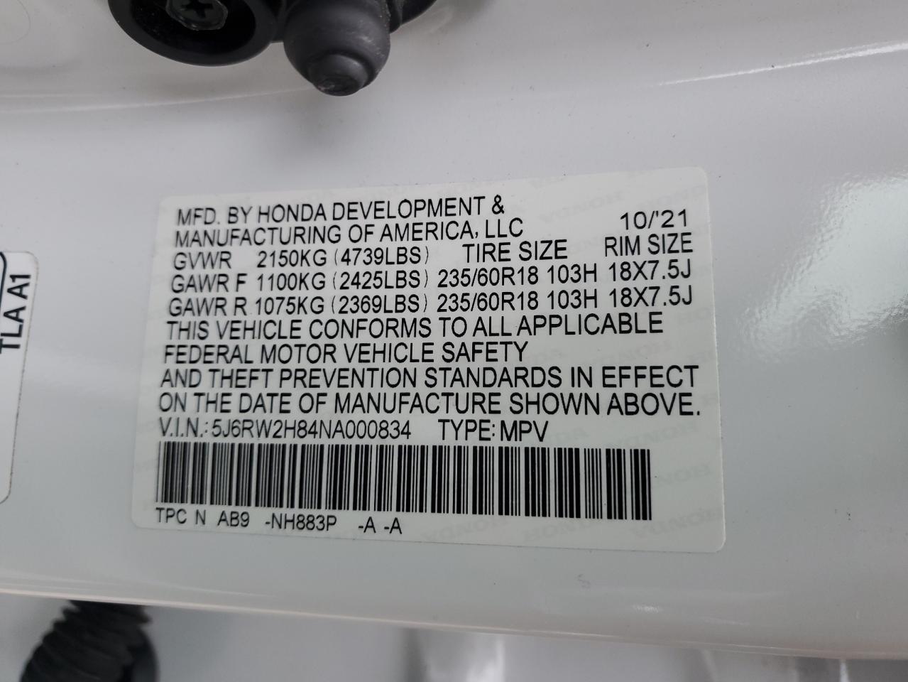 2022 HONDA CR-V EXL VIN:5J6RW2H84NA000834