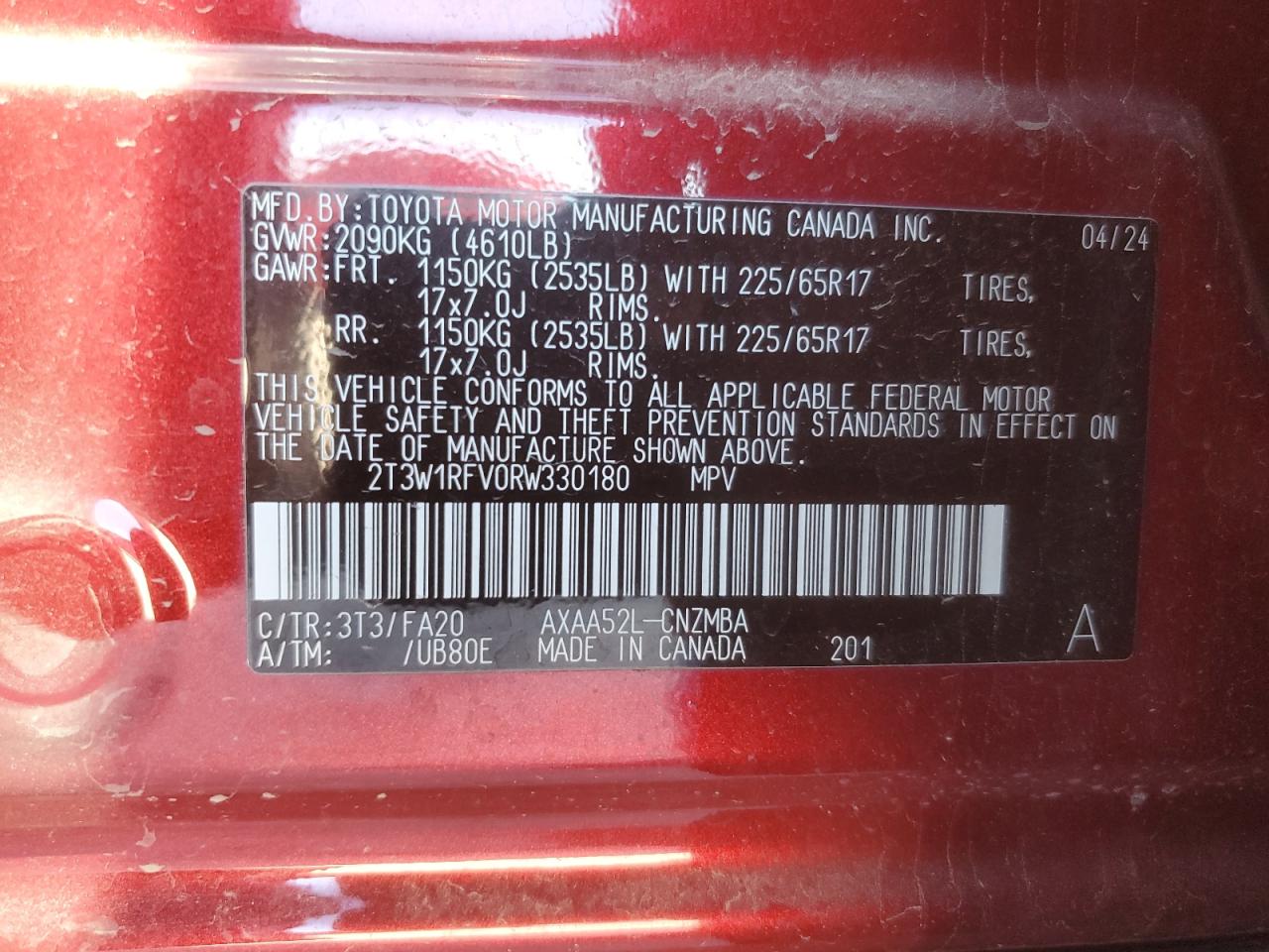 2024 TOYOTA RAV4 XLE VIN:2T3W1RFV0RW330180