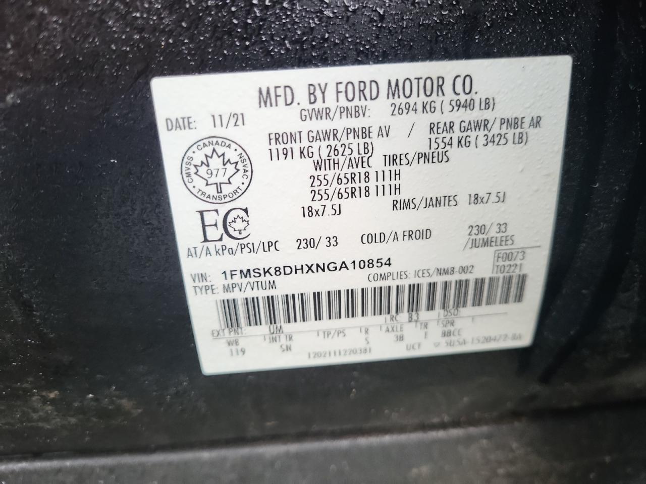 2022 FORD EXPLORER XLT VIN:1FMSK8DHXNGA10854