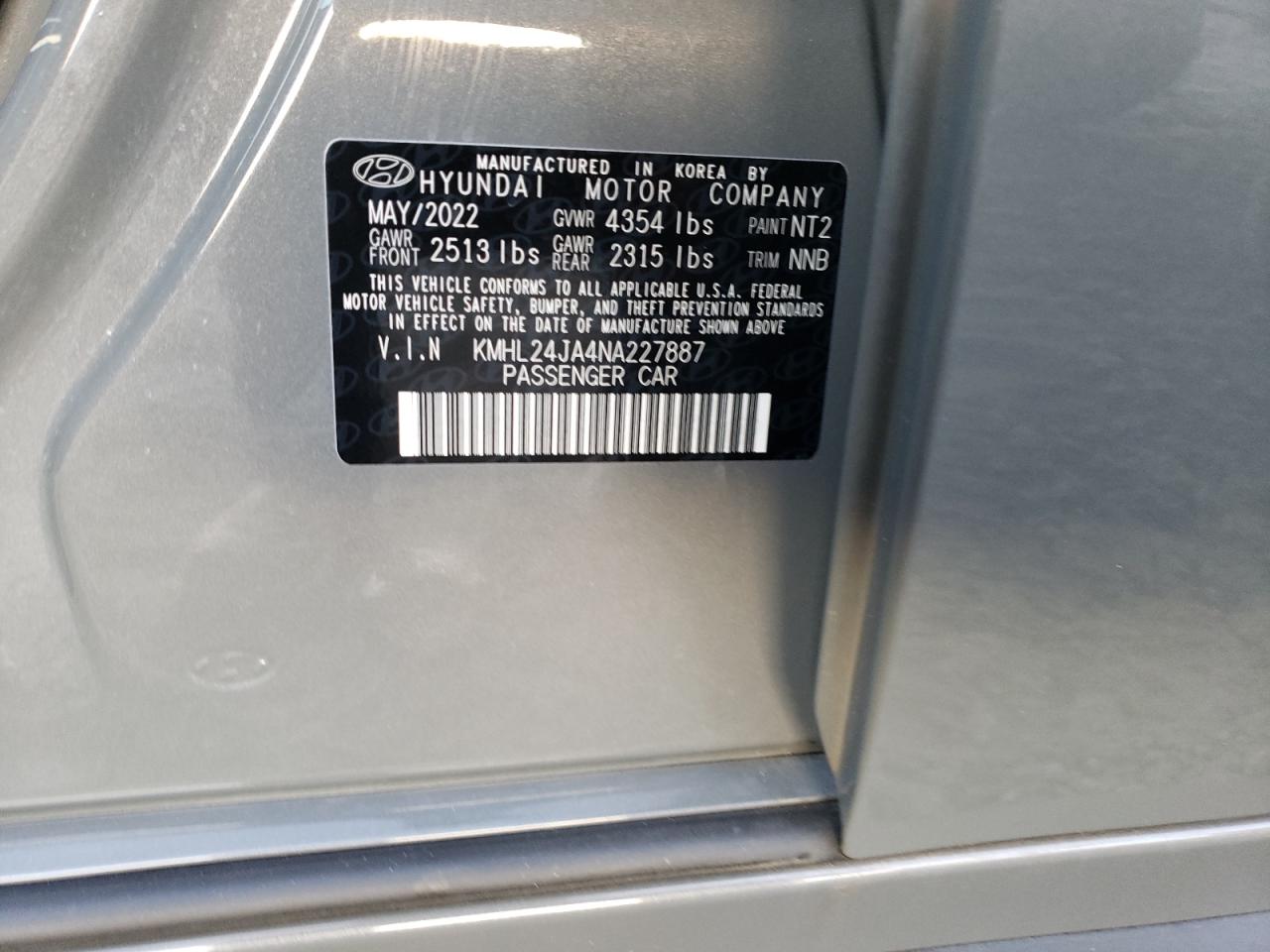 2022 HYUNDAI SONATA SE VIN:KMHL24JA4NA227887