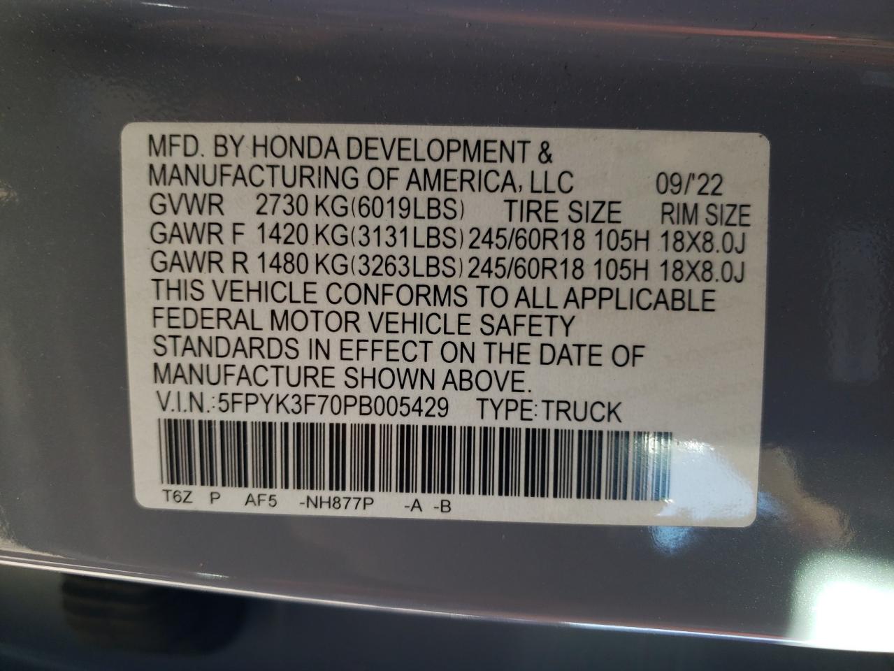 2023 HONDA RIDGELINE RTL-E VIN:5FPYK3F70PB005429