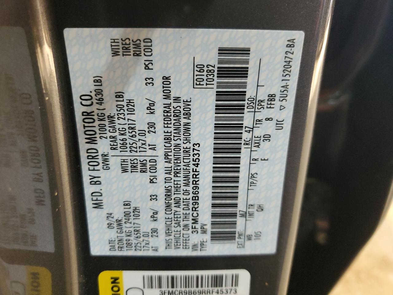 2024 FORD BRONCO SPORT BIG BEND VIN:WBA3X5C54FD562088