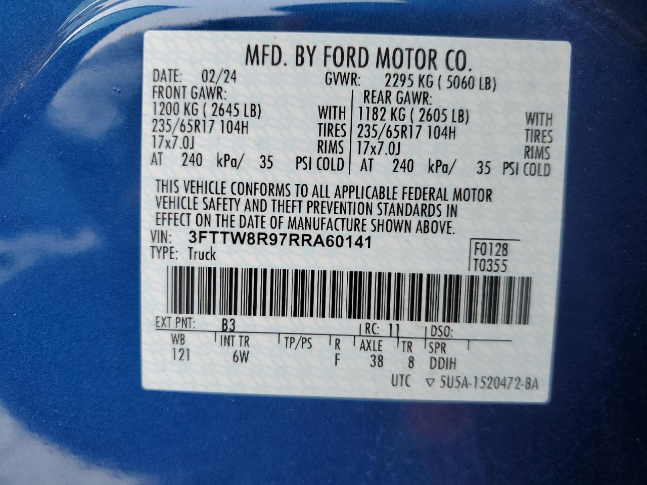 2024 FORD MAVERICK LARIAT TREMOR VIN:3FTTW8R97RRA60141