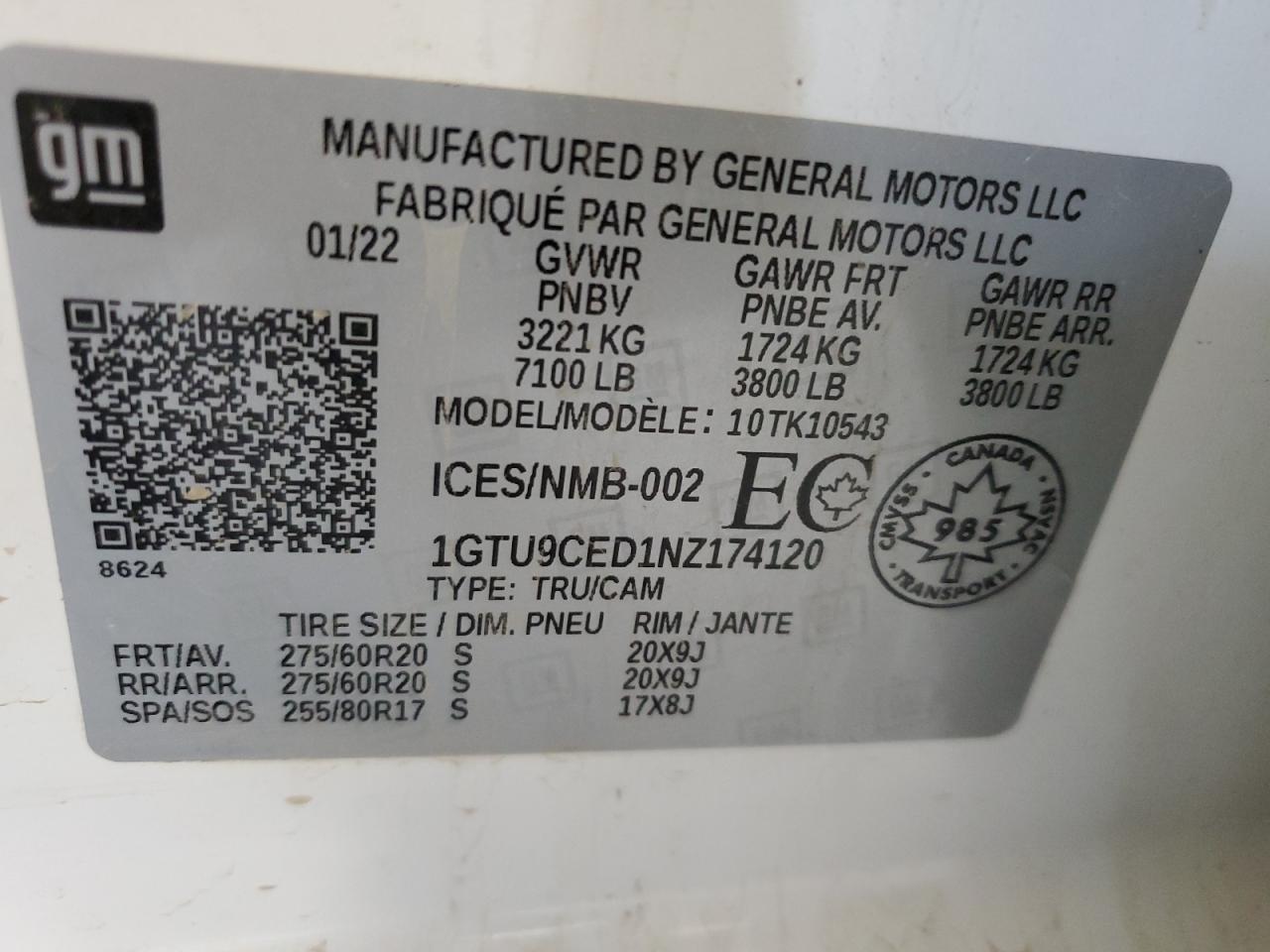 2022 GMC SIERRA LIMITED K1500 ELEVATION VIN:1GTU9CED1NZ174120